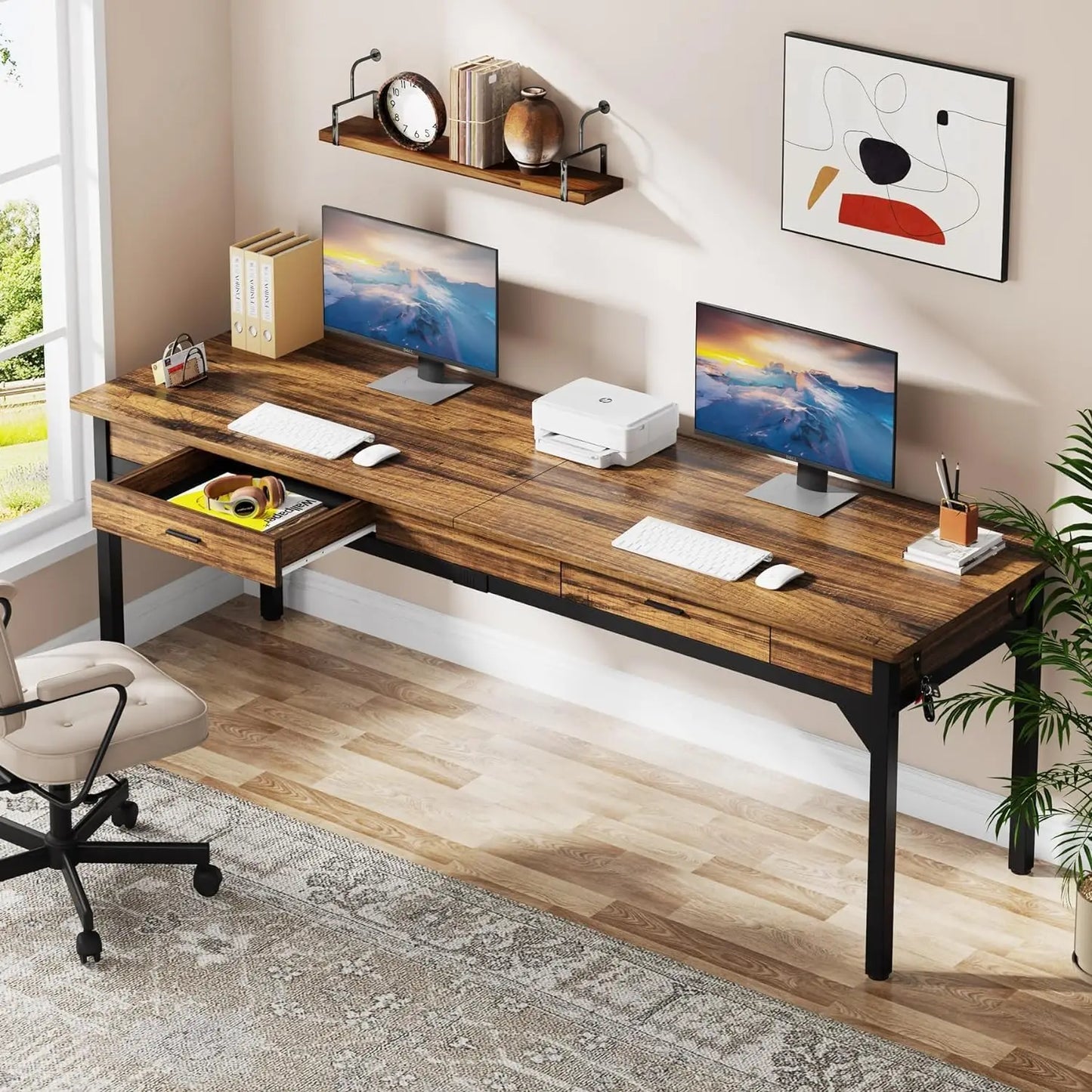 Computer Desk, 200 x 60 x 82 cm, Double Long Desk with 2 Drawers, Office Table