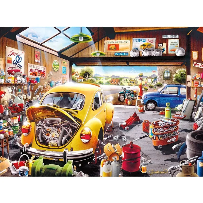 75*50cm Adult Paper Jigsaw Puzzle 1000pcs Car Repair Shop Garage Paintings Stress Relief Entertainment Educational Toys