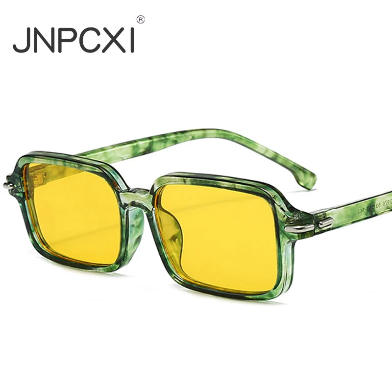 JNPCXI New Fashion Rectangle Women Square Sunglasses Retro Rivets Men Trending Green Shades UV400 Sun Glasses