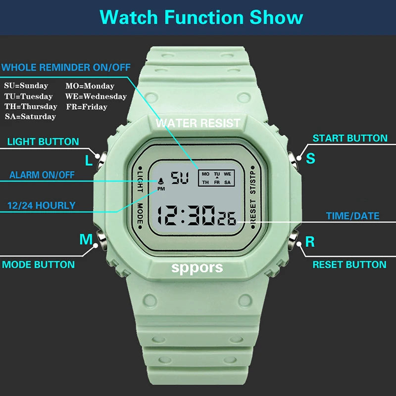 Green Sports Watch, LED Square Digital, Waterproof Rubber Men, Women