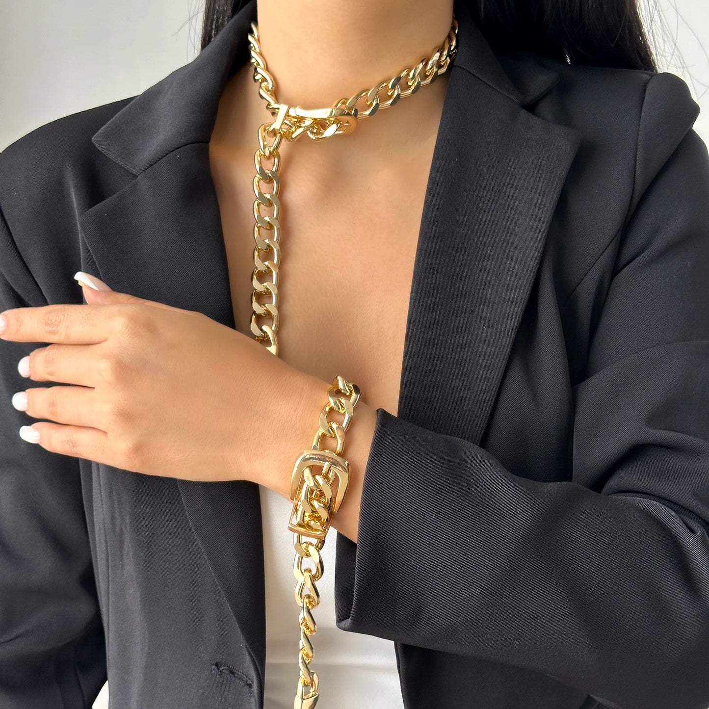 Exaggerated Big Heavy Metal Belt Choker Necklace for Women Men Punk Thick Chunky Clavicle Chains Steampunk Grunge Neck Jewelry