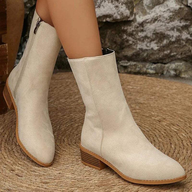 Elegant Square Heel Boots for Women Comfort Pointed Toe Mid Heel Ankle Boots Woman 2025 Plus Size Faux Suede Booties Female