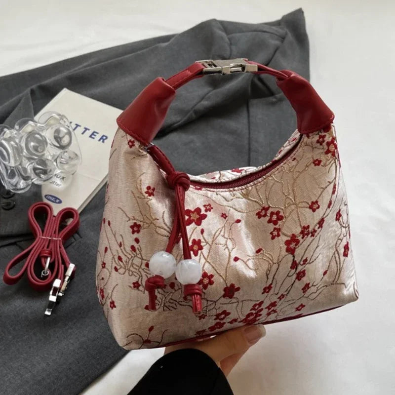 Portable Embroidered Chinese Style Shoulder Bag Fashion Versatile Hanfu Bucket Handbag Texture Pearl Pendant Cheongsam Bag Party