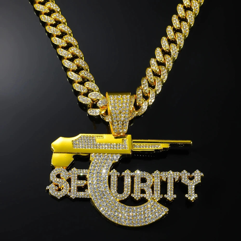 Hip Hop Sniper Gun Jewelry Letter SEURITY Pendant with 13mm Cuban Chain Men's and Women's Necklace Punk Hip Hop Accessories Gift