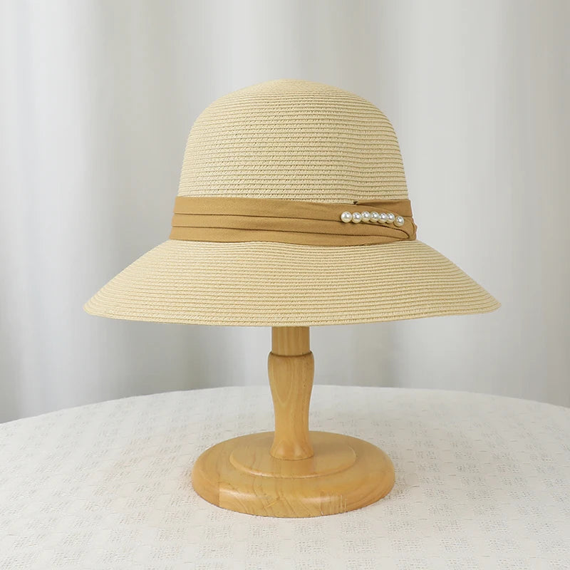 6178-New summer women's sun-protective hat - trendy pearl straw hat for beachandvacation-large-brimmed sun hatforoutdooractivies