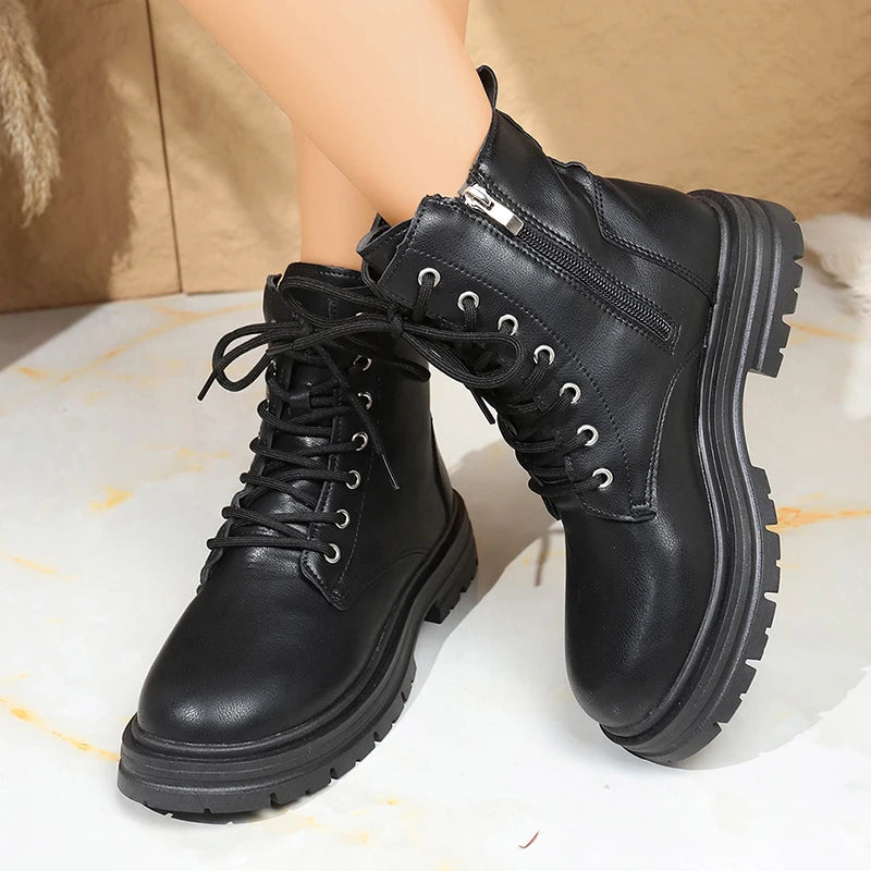 Fashion Lace Up Black Ankle Boots for Women Autumn Winter Zip Platform Combat Boots Woman Classic Pu Leather Short Booties Mujer