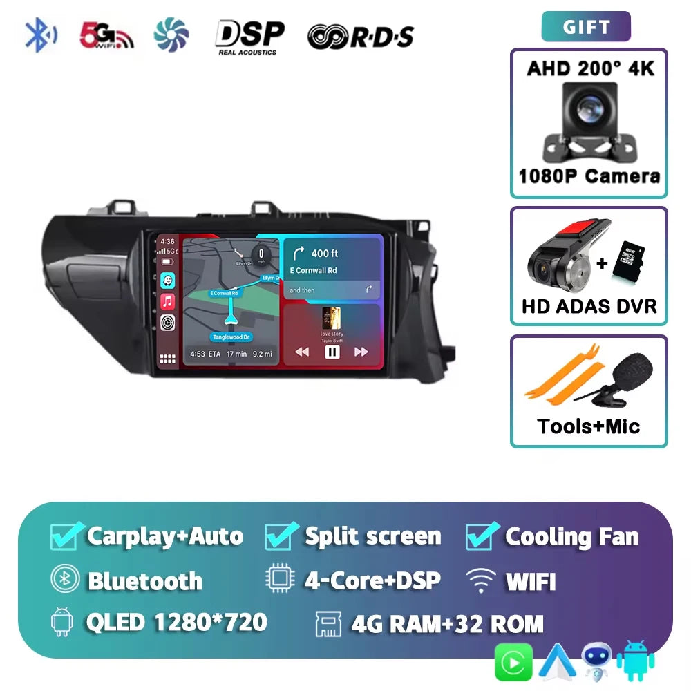 Car Radio For Toyota Hilux RHD 2015 2016 2017 2018 2020 2021 2023 Wireless Carplay Android Auto Multimedia Player Stereo WIFI 4G