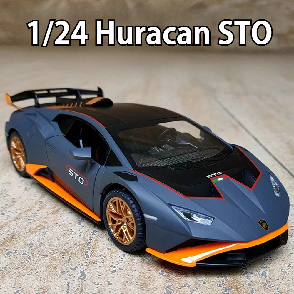 1/24 Scale Huracan STO 2021 Alloy Model Sport Car Toy Diecast Metal With Pull Back Sound light Vehicle for Kids Gifts Collection