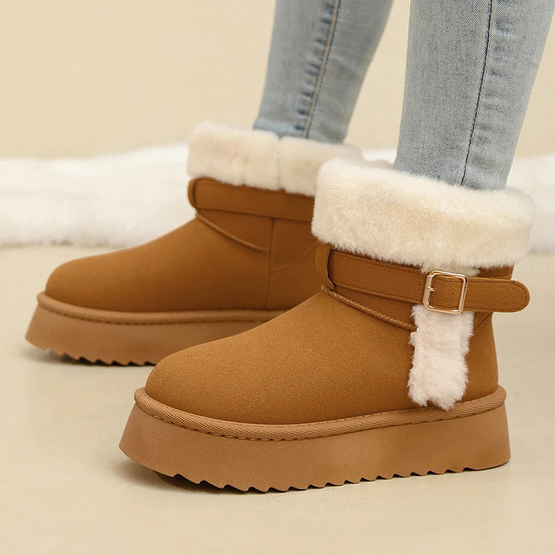 Faux Fur Winter Ankle Boots Women Fashion Buckle Anti Slip Platform Snow Boots Woman Plus Size Faux Suede Warm Short Booties
