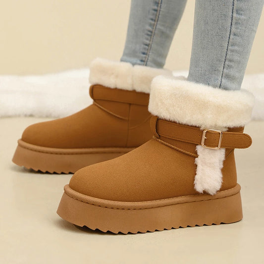 Faux Fur Winter Ankle Boots Women Fashion Buckle Anti Slip Platform Snow Boots Woman Plus Size Faux Suede Warm Short Booties