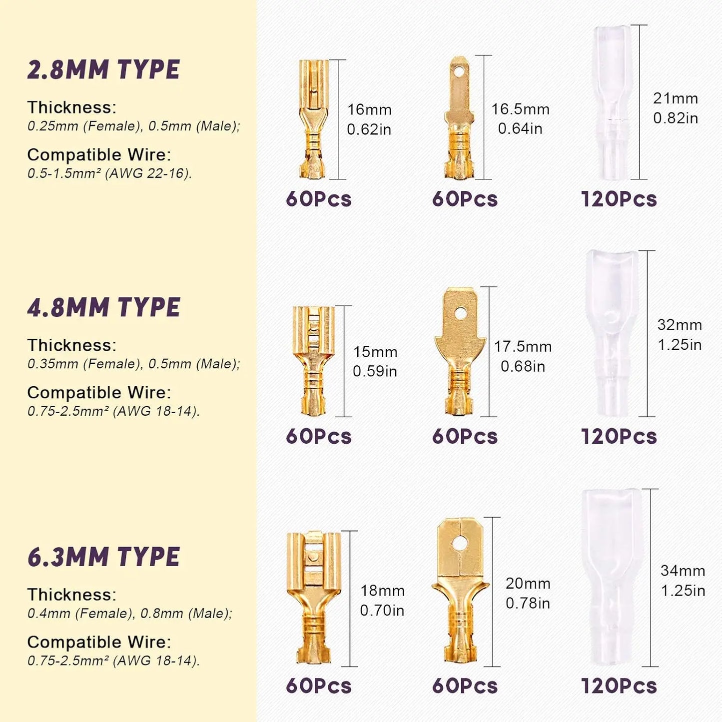 720Pcs Gold 2.8/4.8/6.3mm Male and Female Spade Quick Connectors Wire Crimp Terminal Block with Insulating Sleeve Assortment Kit