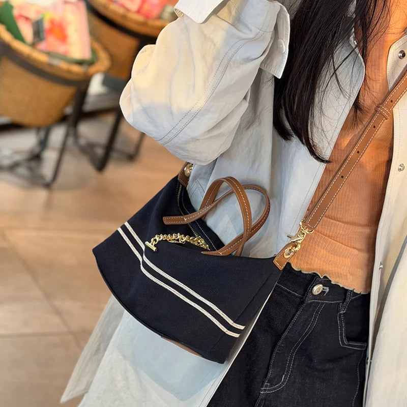 Denim & Genuine Cowhide Leather Mini Dome Bag for Women Luxury Designer Top Handle Crossbody Shoulder Bag with Gold Chain Detail