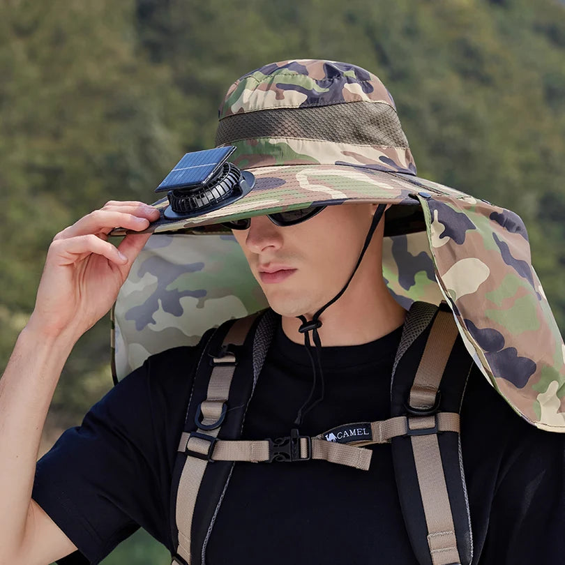 9208-1Men's sun hat 1Solar fan fishing hat, wide-brimmed sunhat outdoor summer camping, beach use, Type-c and solar power supply