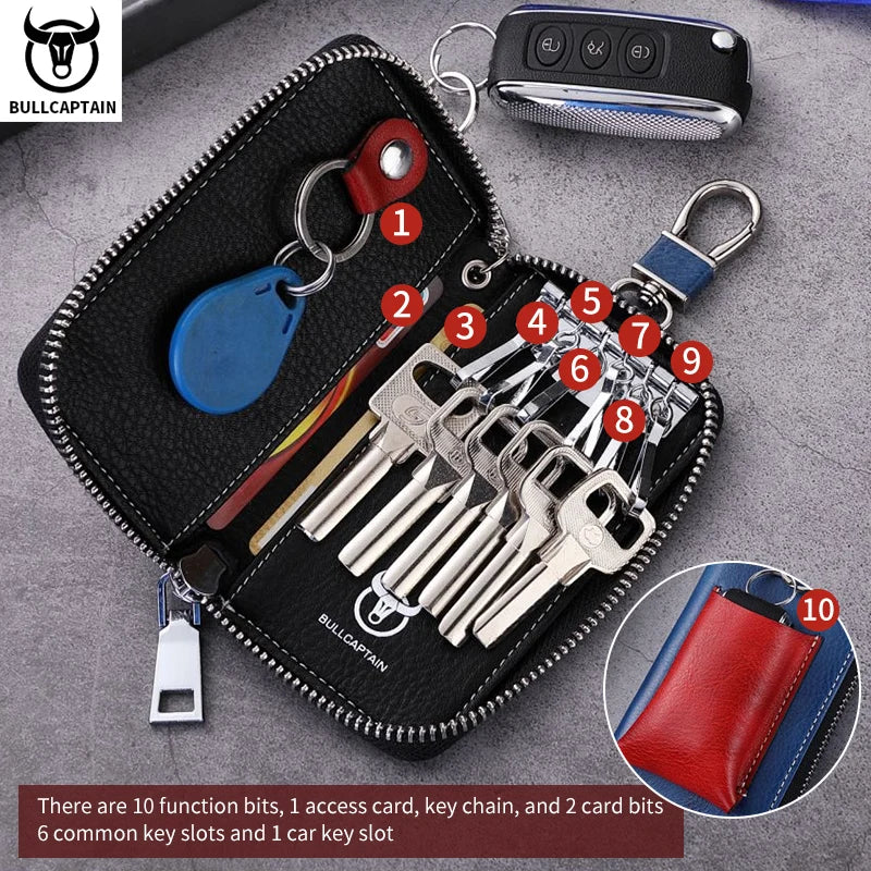 BULLCAPTAIN Men's Genuine Leather Key Case New Home Car Key Clip Men's Leather Key Case Mini Practical Key Chain Zipper Key Case