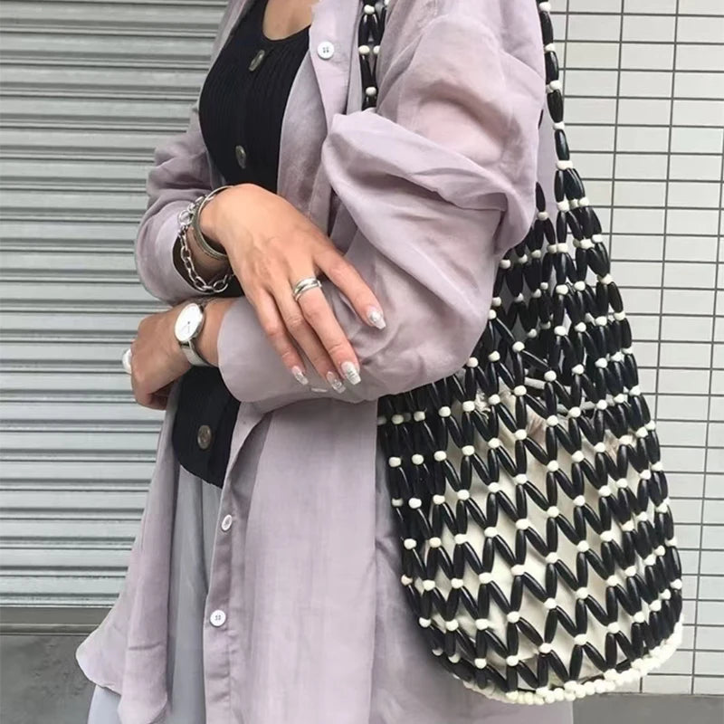 Grey Brown Wooden Women's Hollow Beaded Seaside Handheld Shoulder Underarm Bag