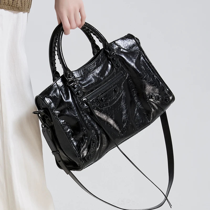 Women's Genuine Leather Tote Bag Waxed Cowhide Large Capacity Motorcycle bag ,Luxury Trendy Versatile All-match Commuting Bag