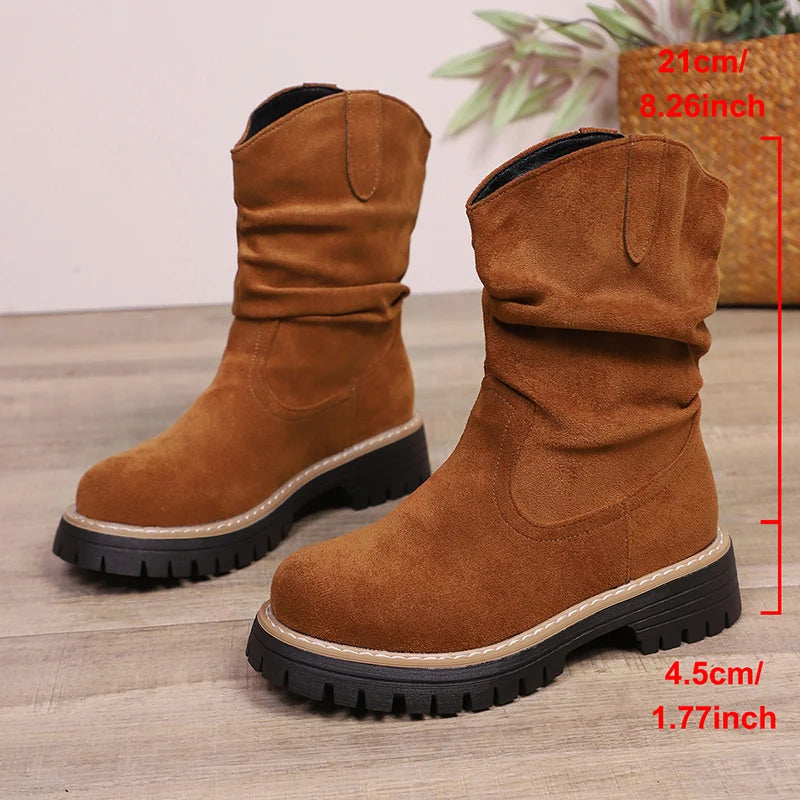 Plus Size 43 Flock Platform Ankle Boots Women Slip On Thick Sole Pleated Short Booties Mujer Anti Slip Autumn Winter Boots