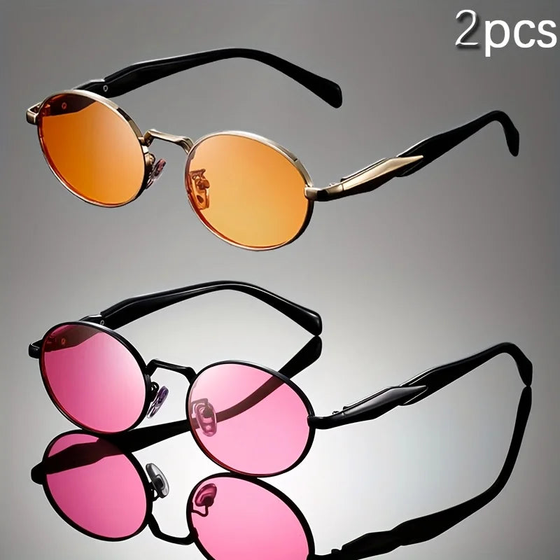 2PCS Women Fashion Oval Sunglasses Brand Desinger Retro Popular Eyeware Girls Travel Party Shades Frameless Sun Glasses UV400