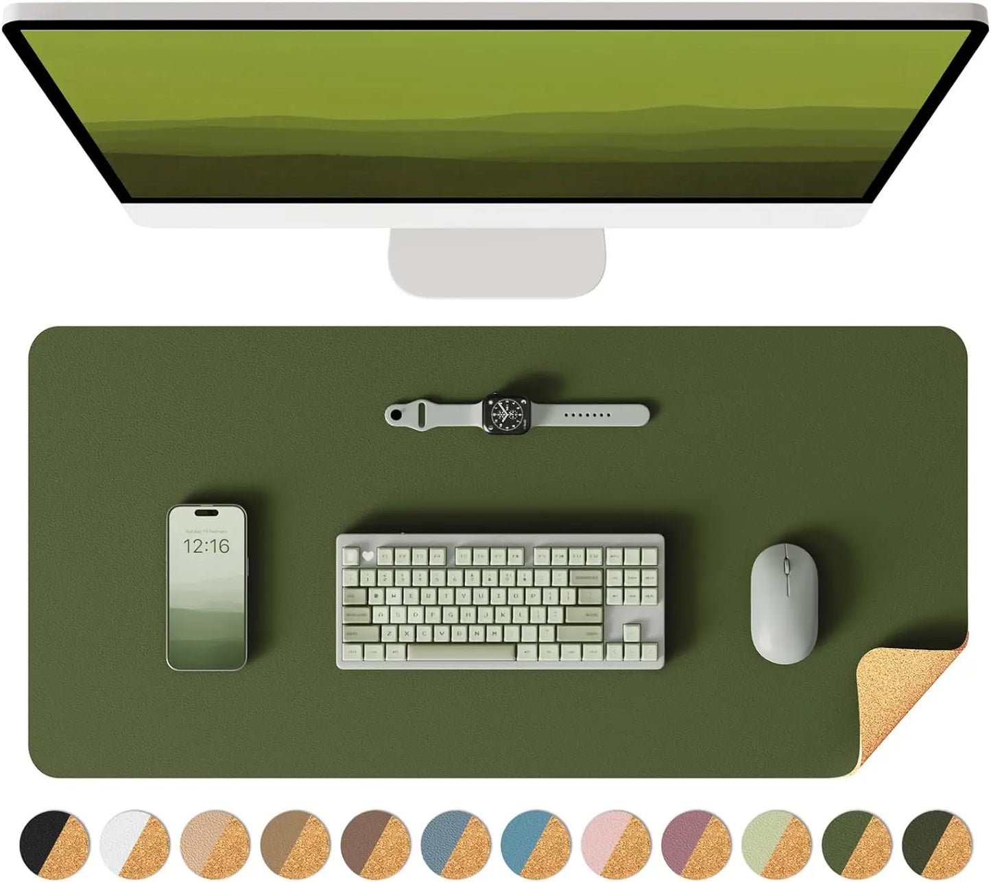 Double-Sided Desk Pad, Leather Desk Mat, Eco Cork Desk Pad Protector,Large Mouse Pad,Waterproof Desk Blotter for Office/Home