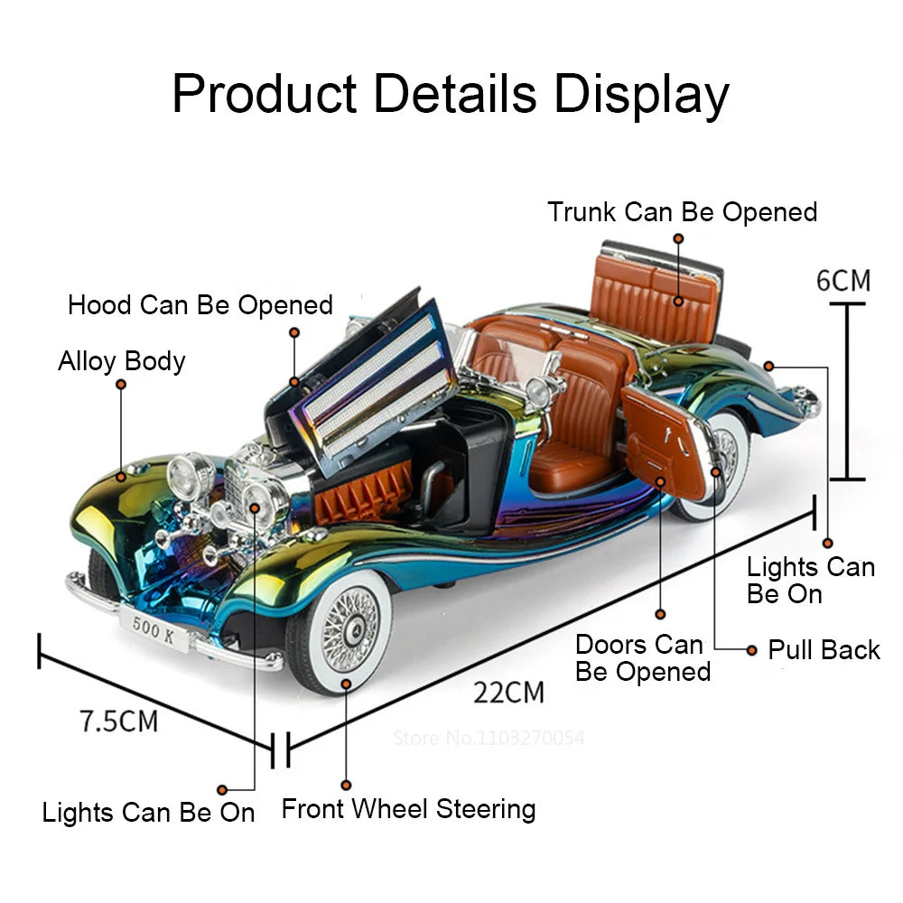 1:24 300SL 500K Alloy Vintage Car Diecast Toy Model Shock Absorption Door Opened Sound Light Pull Back Miniature Models Boy Gift
