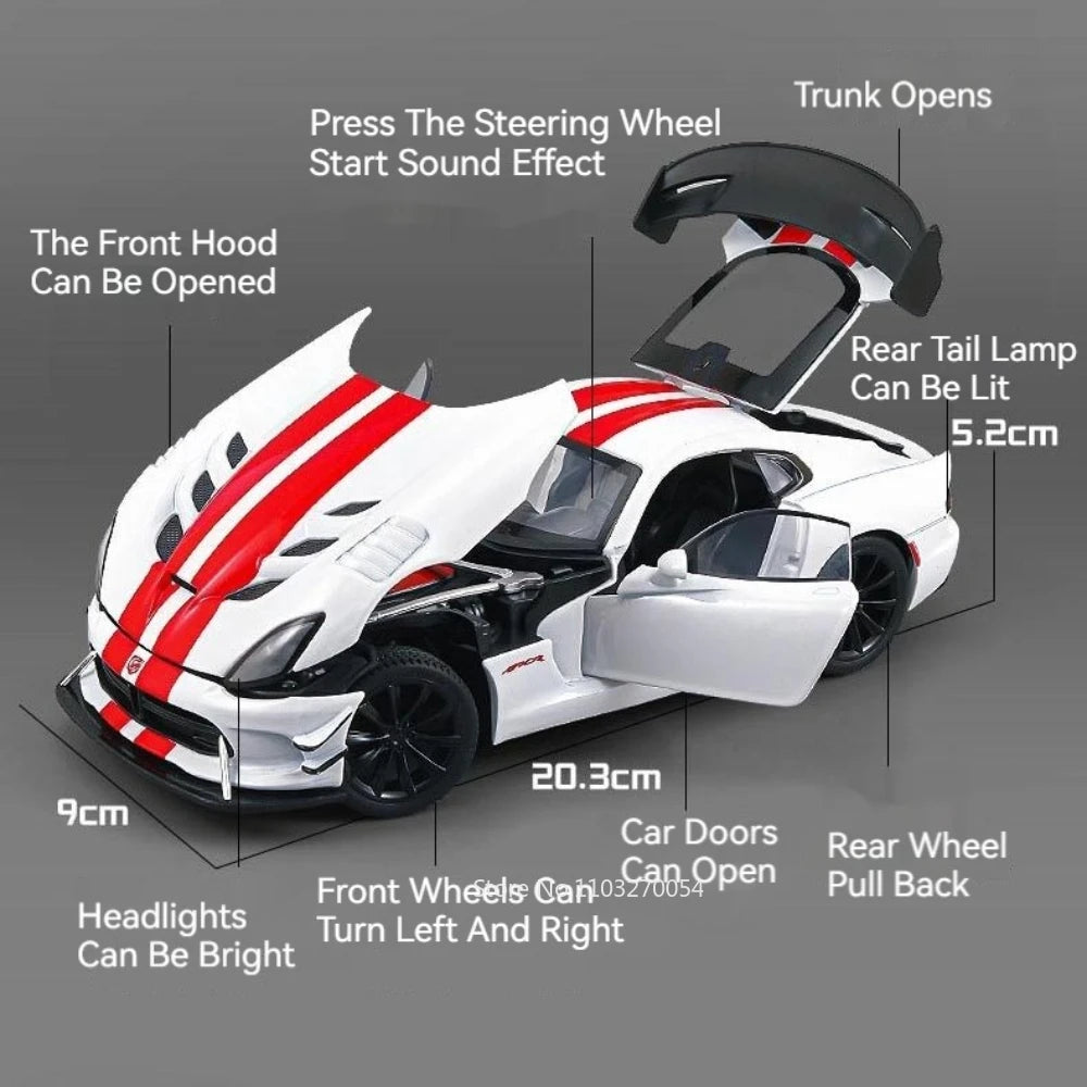 1:24 Hellcat Viper Miniature Sports Car Alloy Diecast Model Toys Front Wheel Steering Sound Light Pull Back Vehices Collectibles