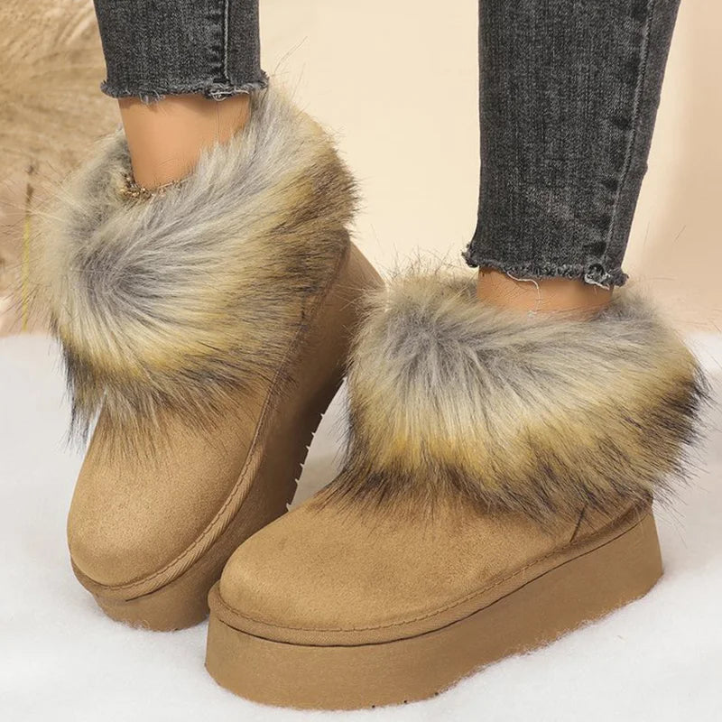 Faux Suede Furry Snow Boots for Women Winter Fashion Round Toe Slip On Ankle Boots Woman Anti Slip Platform Warm Booties Mujer