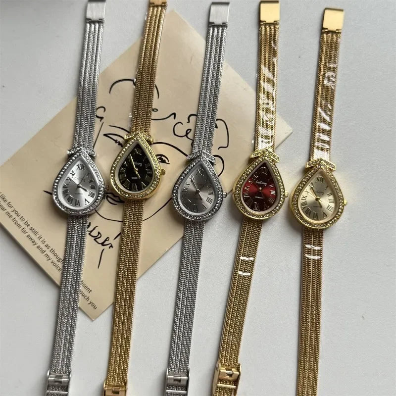 Luxury Gilded Diamond Waterdrop Dial Watch Fashion Women Quartz Watch Roman Scale Watches Wholesale Reloj De Mujer Vintage