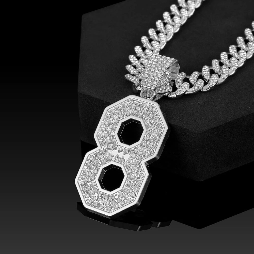 Men's Hip Hop Number 8 Pendant Necklace With 13mm Crystal Cuban Chain Luxury Lucky Number Necklaces for Men Jewelry Gift for Him