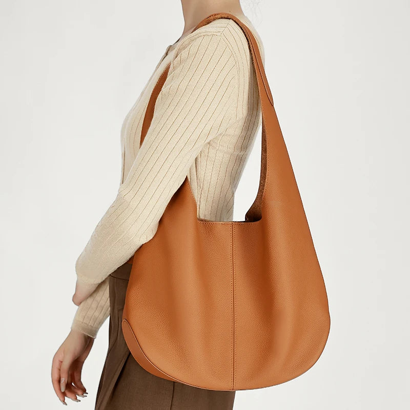 Genuine Cowhide Leather Slouchy Hobo Shoulder Bag for Women Pebbled Leather Large Capacity Everyday Tote Bag Daily Underarm Bags