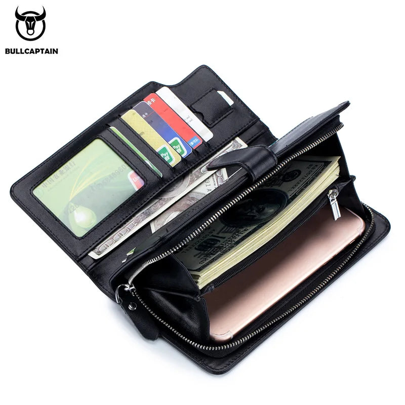 BULLCAPTAIN Men's Genuine Leather Wallet RFID Function Can Place 6.5-inch Mobile Handbag High Quality Multi Card Long Wallet