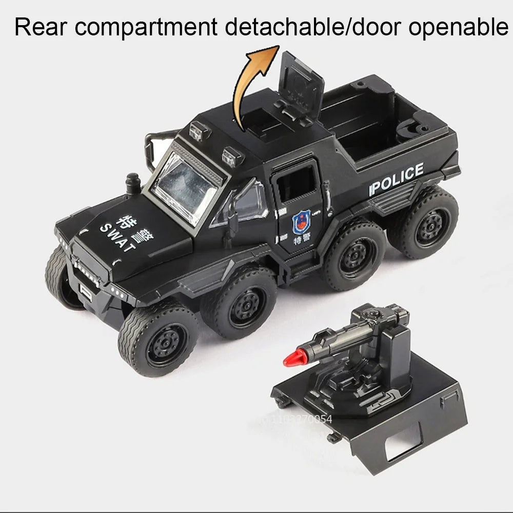 1:36 Conqueror SWAT Armored Vehicle Alloy Diecast Model Toys Car Doors Opened Sound Light Pull Back Cars Festival Gift for Child