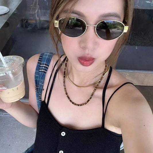 Small Oval Frame Advanced Sunglasses Spicy Girls Street Photo Shades Metal Future Style Eyewear