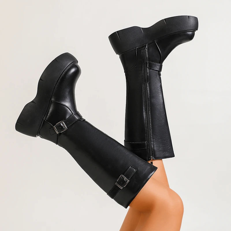 Black Chunky Platform Knee High Boots Women 2025 Thick Bottom Pu Leather Long Boots Woman Fashion Zippers Riding Botas Mujer