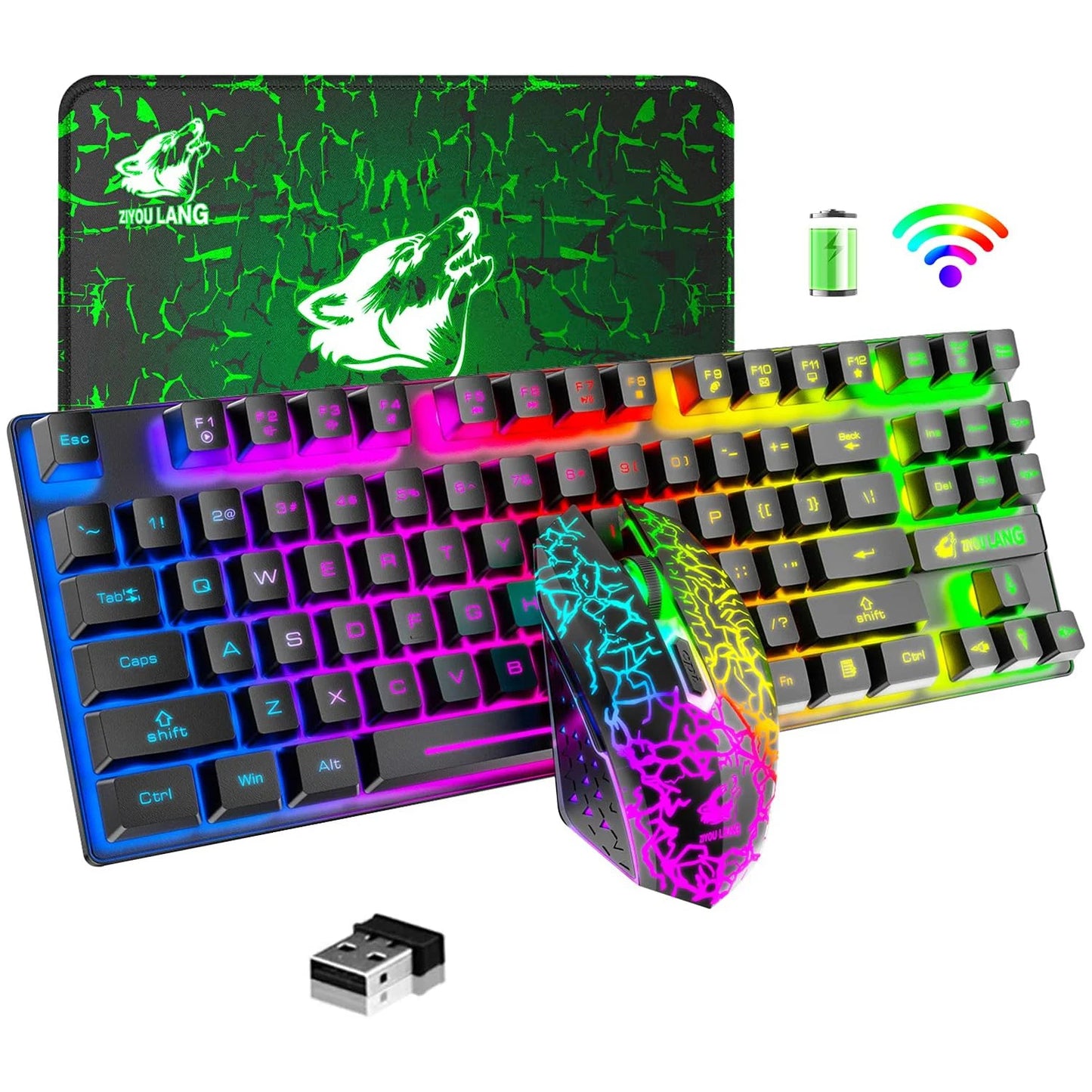 Wireless Gaming Keyboard and Mouse, Rainbow Backlit Rechargeable 3800mAh Battery