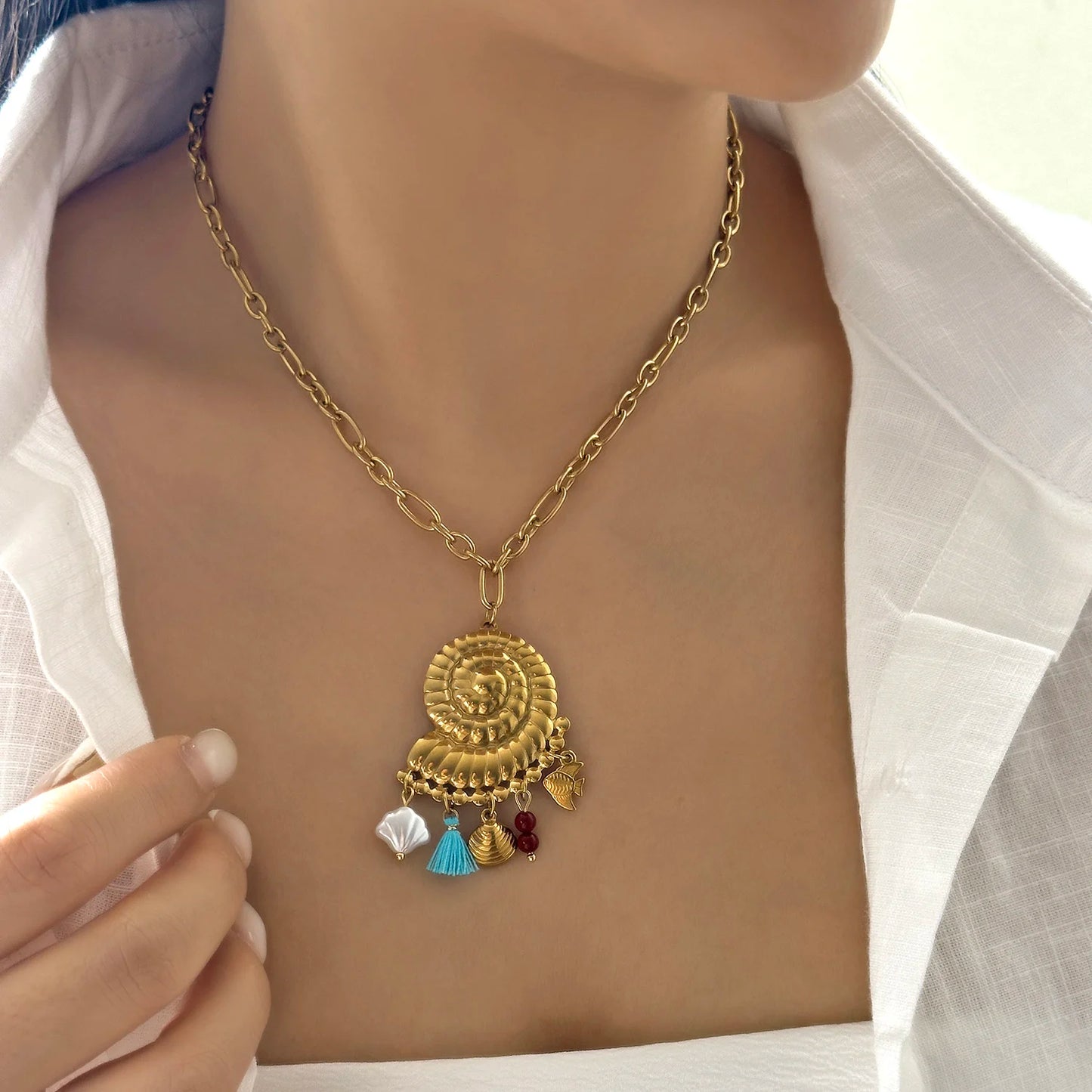 Charming Ceramic Fish Sea Turtle Sun Starfish Pendant Necklace for Women Stainless Steel Gold Color Necklace Beach Party Jewelry