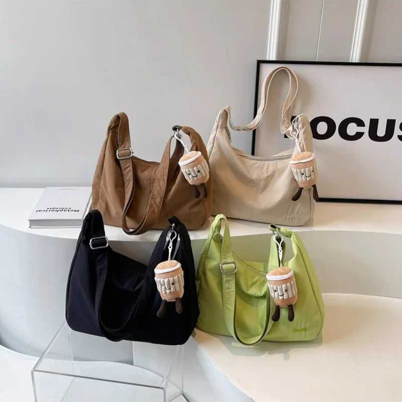 Green Women Japan Hobo Embroidery Shoulder Bag Versatile Waterproof Commuter Bag