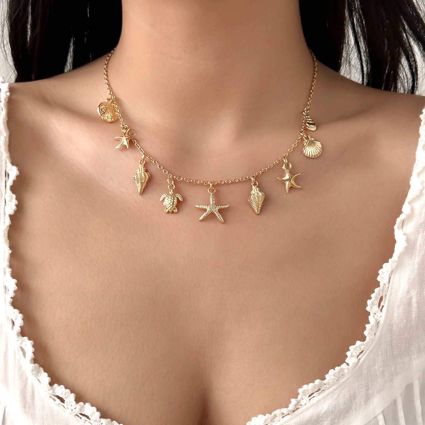 Ocean Style Starfish Conch Shell Sea Turtle Charms Pendant Necklace for Women Gold Color Chain Necklace Summer Beach Jewelry
