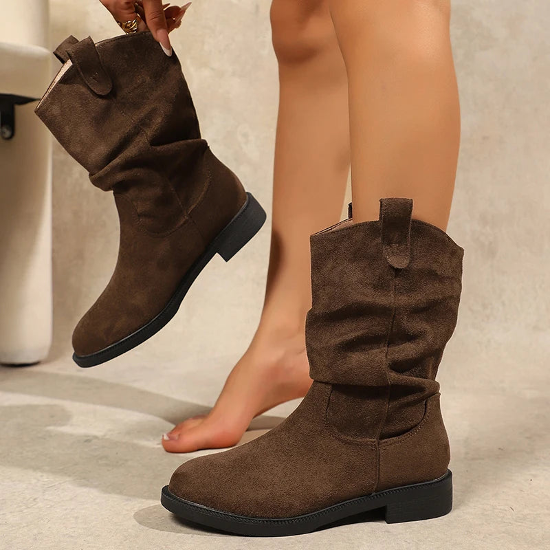Autumn Winter Low Heel Mid Calf Boots Women 2025 Plus Size Slip On Western Boots Woman Vintage Pleated Design Flock Botas Mujer