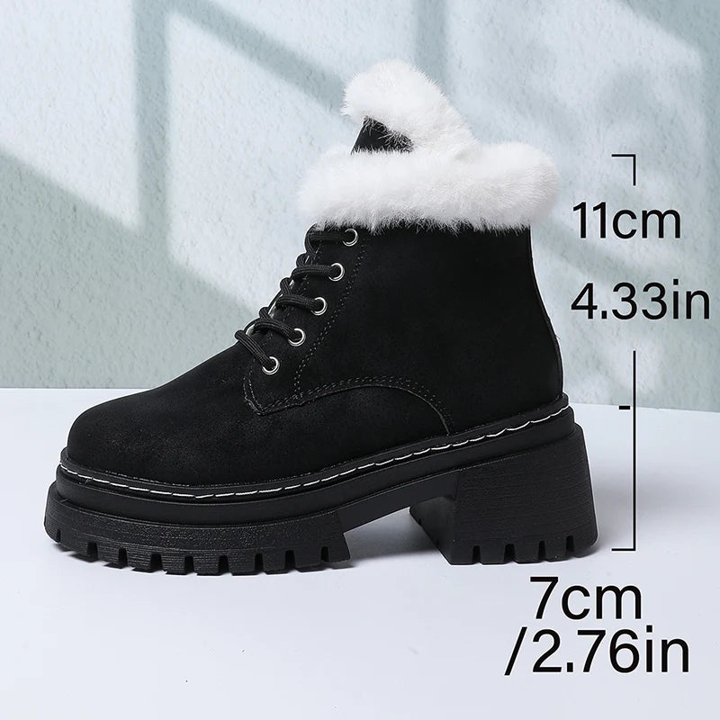 Thick Heels Faux Fur Ankle Boots Women Fashion Lace Up Long Plush Winter Boots Woman Comfort Non Slip Cotton Padded Shoes Female