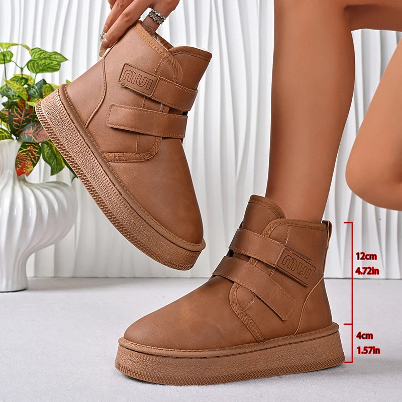 Hook Loop Pu Leather Platform Snow Boots Women Thick Bottom Warm Plush Ankle Boots Woman Comfot Anti Slip Winter Booties Mujer