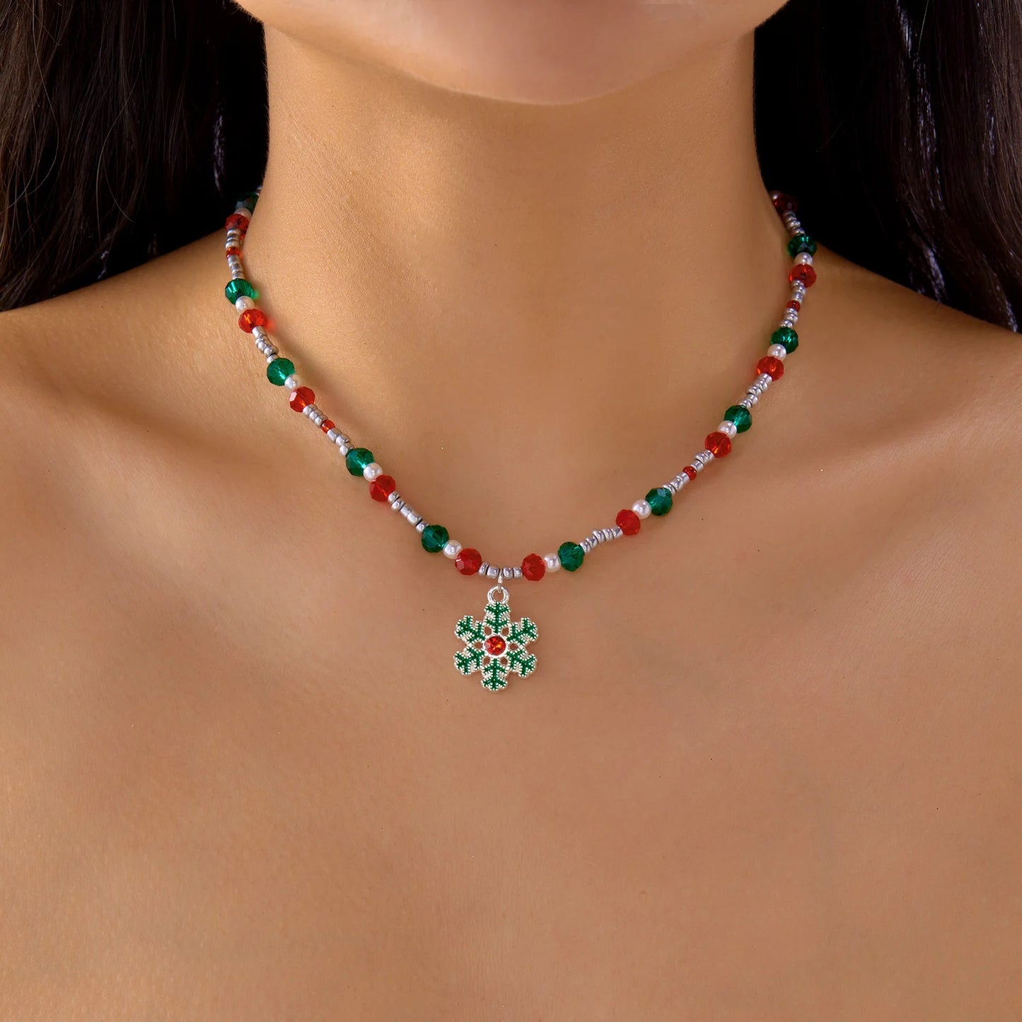 Christmas Red Green Beaded Xmas Tree Snowflake Pendant Necklace Holiday Party Jewelry Gift for Women Girls Festive Accessories