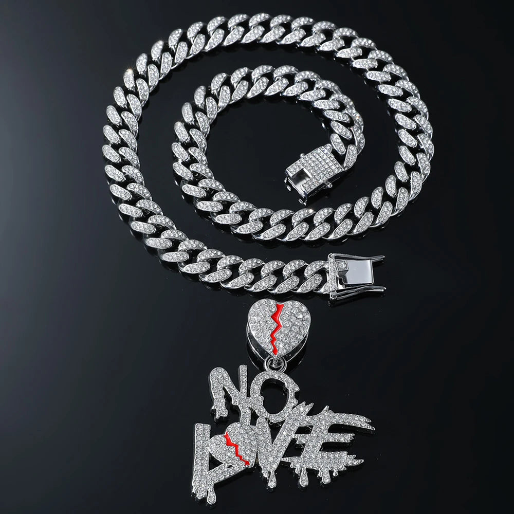 Hip Hop Iced Out Bling Crystal Cuban Chains NO LOVE Necklace Pendants For Men and Women Heart Broke Statement Necklaces Jewelry