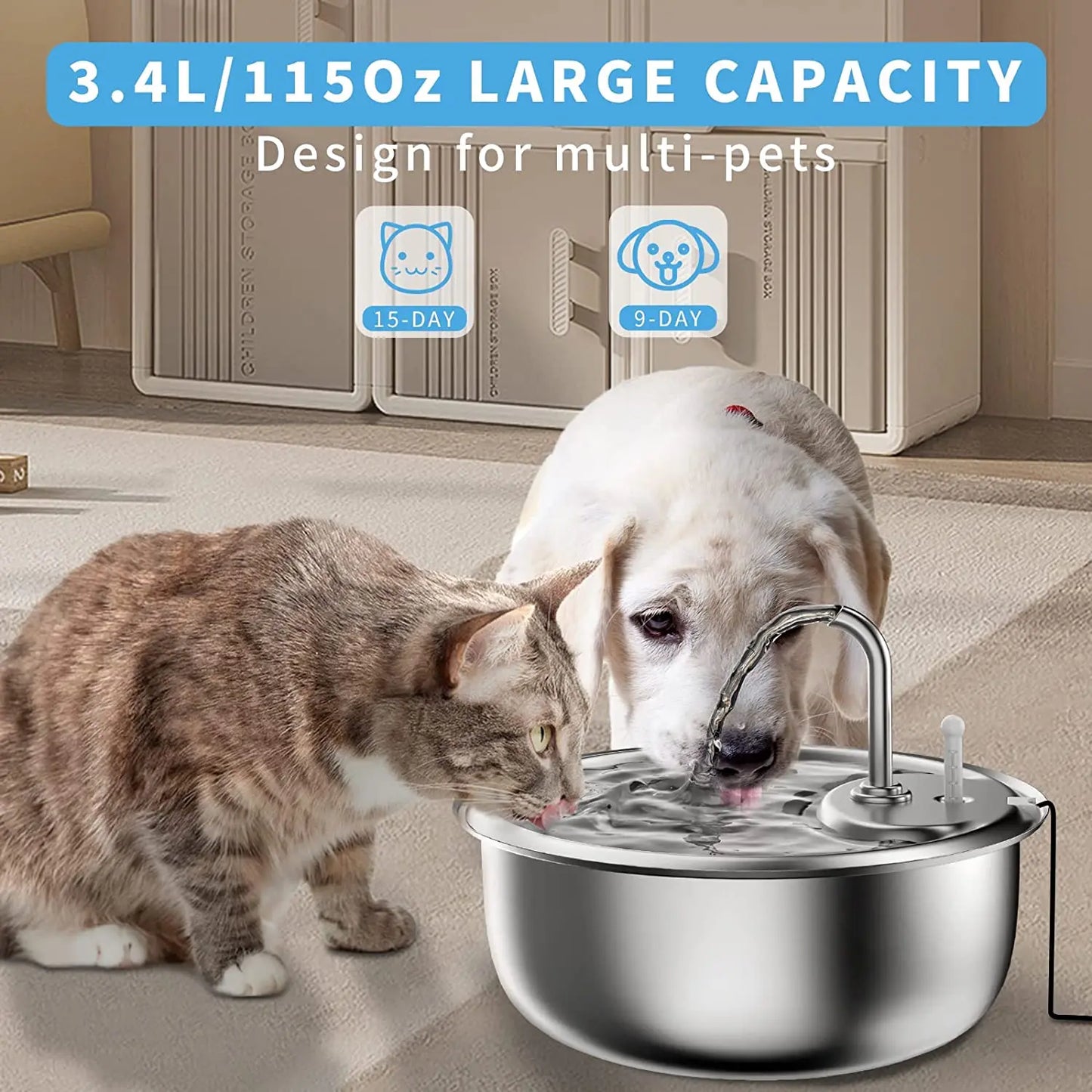 Pet Automatic Water Fountain 3.4L Large Stainless Steel Pet Water Dispenser