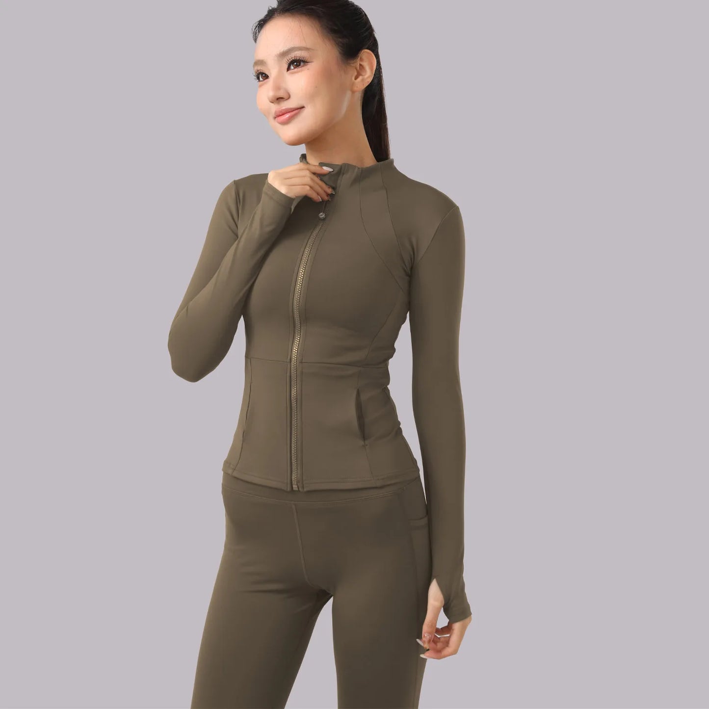New Yoga Set: Stand Collar Zipper Slim-Fit Layering Sports Two-Piece with Thumb Holes