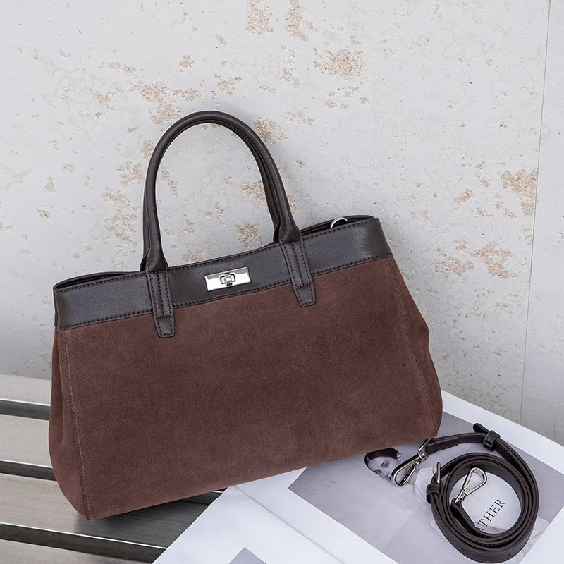 New Women's Natural Suede Leather Shoulder Bag Female Casual Soft Cowhide Durable Handbags Ladies Fashion Luxury Designer Bags