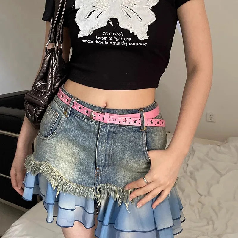 Y2k Millennium Spice Girl Style Pink Star Waist Belt For Women 2025 New Summer Korean Version Versatile Thin Leather Belt INS
