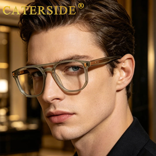 CATERSIDE Fashion Men's Pilot Glasses Frame Square Anti Blue Light Computer Glasses Women's Minimalist Decorative Glasses Frame