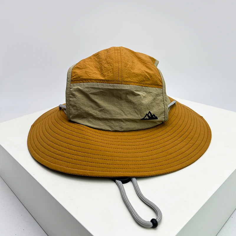 New Unisex Quick Drying Retro Bucket Hats Color Block Sunshade Outdoor Breathable Drawstring Casual Alpine Cap Versatile Fashion