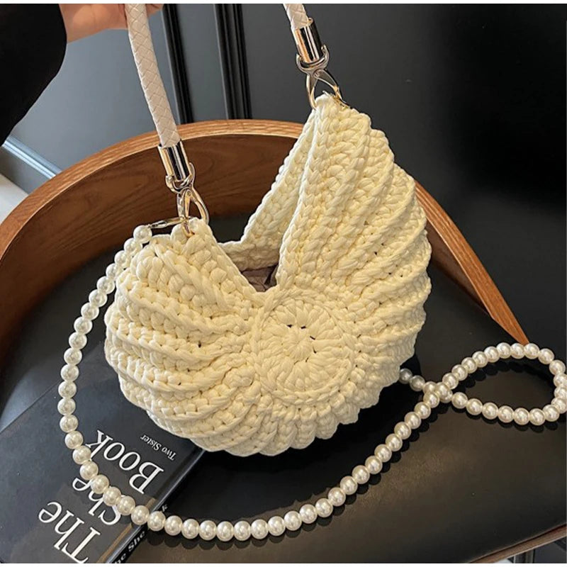Milk White Shell Knit Crossbody Shoulder Bag Pearl Chain Woven Women Classy Bag