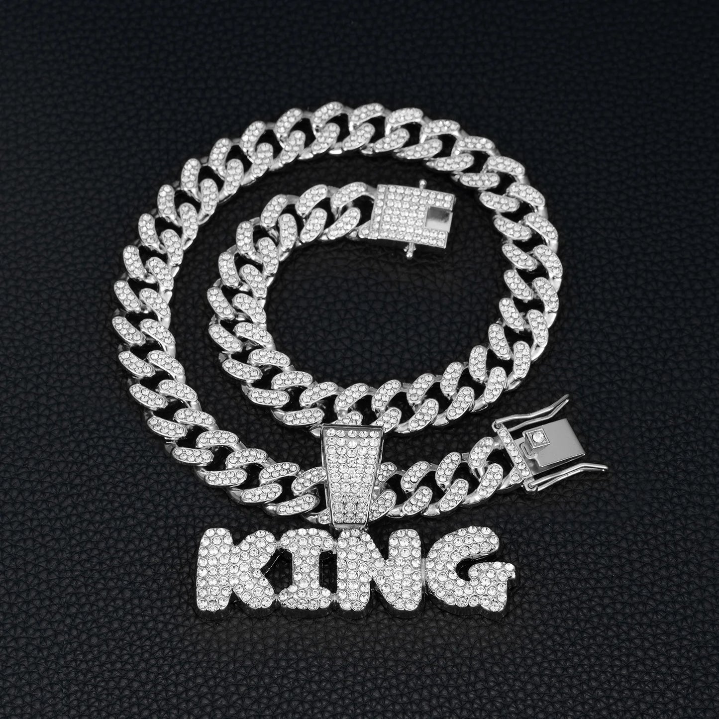 Men Hip Hop Bling KING Letter Pendant Necklace With Miami Cuban Link Chain Full Crystal  Necklaces Men Male Hiphop Charm Jewelry